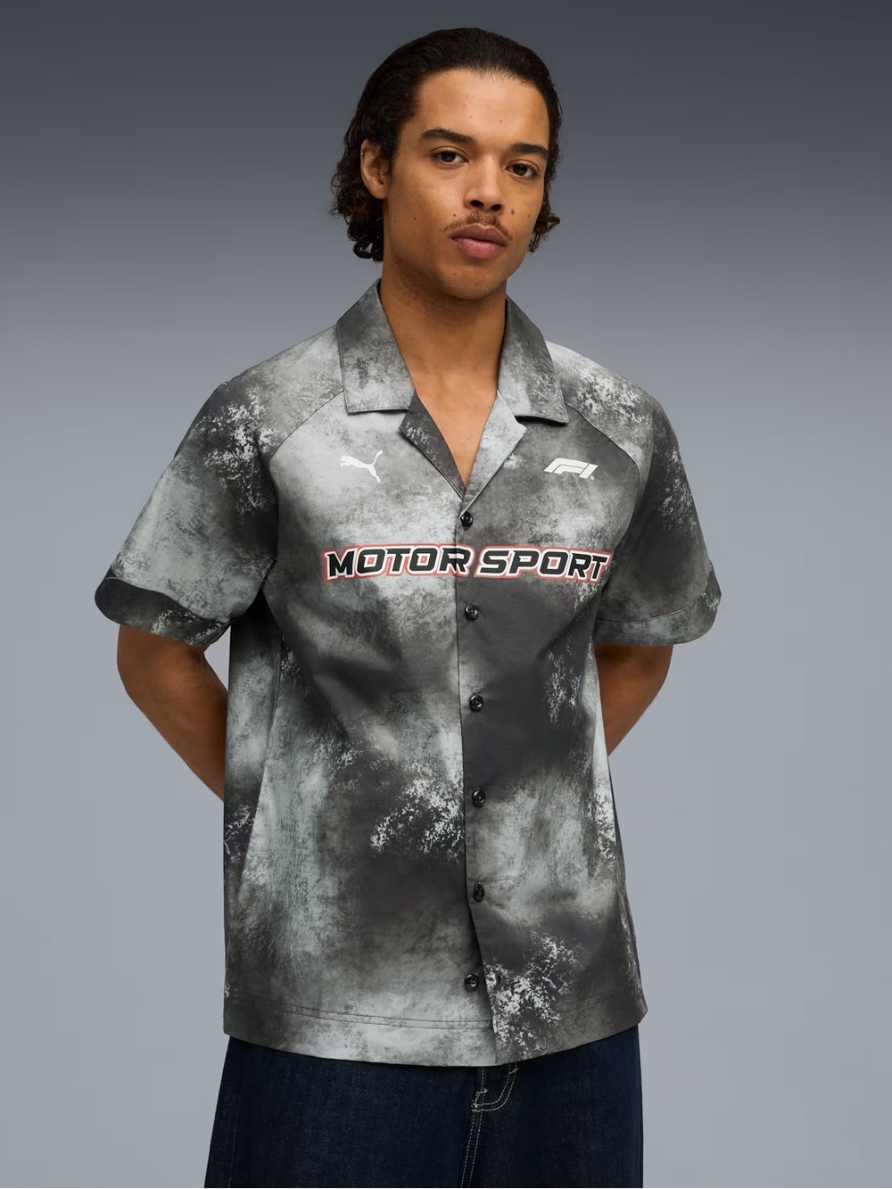 PUMA F1 Motorsport Men’s XL Short Sleeve Button Up Shirt Black Gray NWT $100